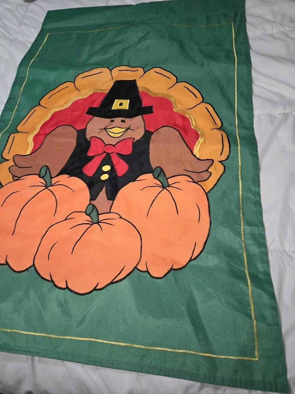 1994 Turkey Pumpkin Thanksgiving Yard Garden Decor Flag 28x42" Vtg Festive
